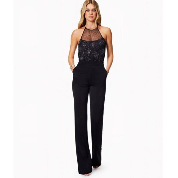 Rami Brook Stasia Embellished Halter Black Jumpsuit New with defects size 0 - Picture 1 of 6